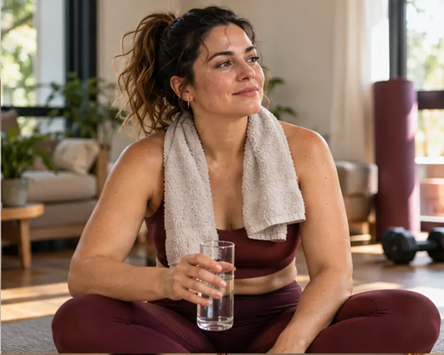 Mulher faz uma pausa após o treino e reflete sobre saúde e metabolismo